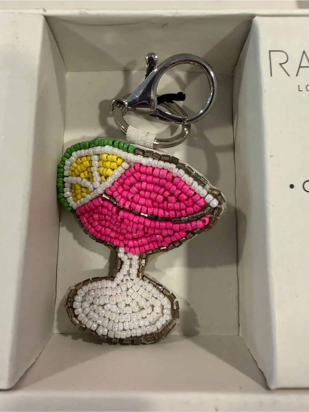 Rachel Zoe Silver Beaded Clutch, Card Case & Charm with Pink Cocktail Motif